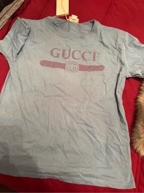 Gucci Light Blue Kids Logo Tee with Pink Graphic